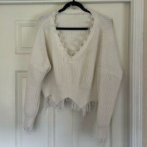 Shein - One Size - Funky Fray Bottom V Neck and Sleeves long Sleeve Sweater
